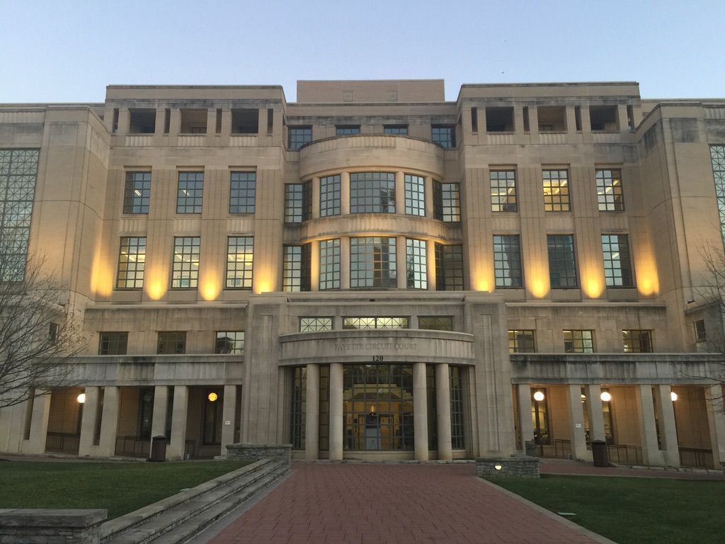 Fayette Circuit Court in Lexington, Kentucky, lit at dusk